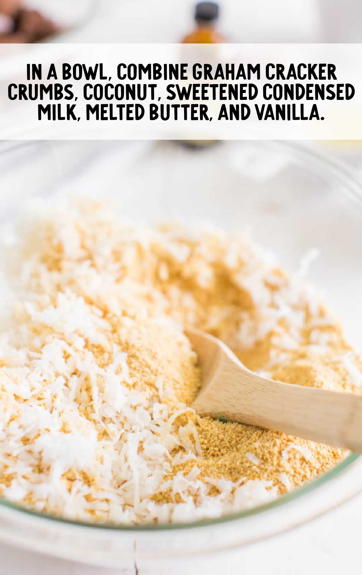 graham cracker crumbs, coconut, sweetened condensed milk, melted butter, and vanilla combined in a bowl