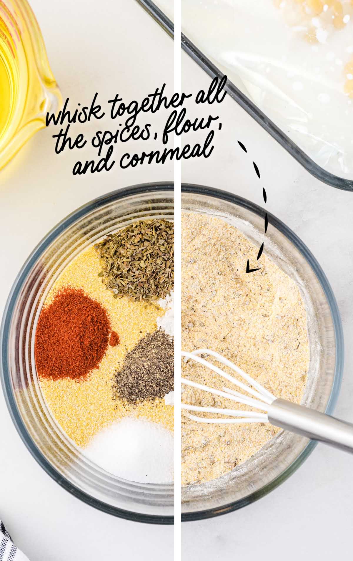 Bowl of spices, flour, and cornmeal being whisked together for corn coating mixture