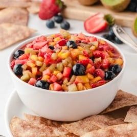 a bowl of Fruit Salsa with Cinnamon Chips