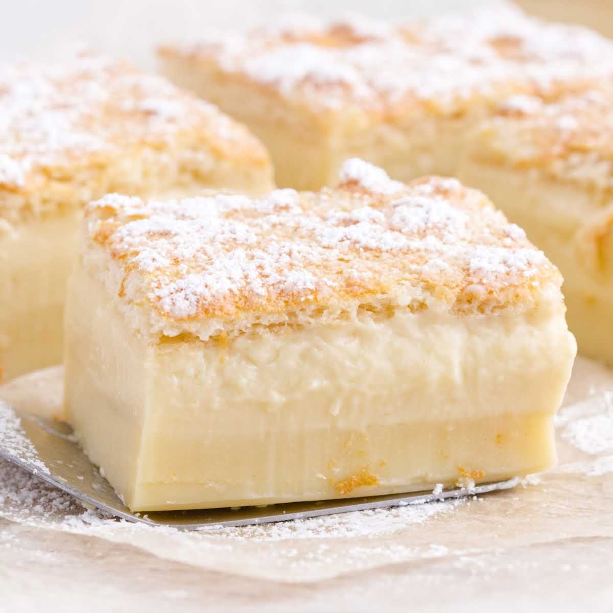 Close-up of a slice of magic custard cake with three distinct layers and a dusting of powdered sugar, styled for a recipe card.
