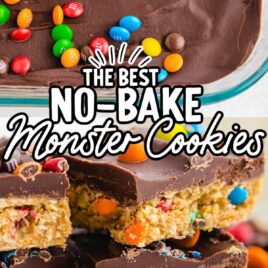 close up shot of no bake monster cookies stacked on top of each other and a overhead shot of No Bake Monster Cookies in a baking dish