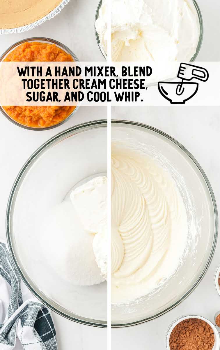 cream cheese, sugar, and Cool Whip being blended together in a bowl