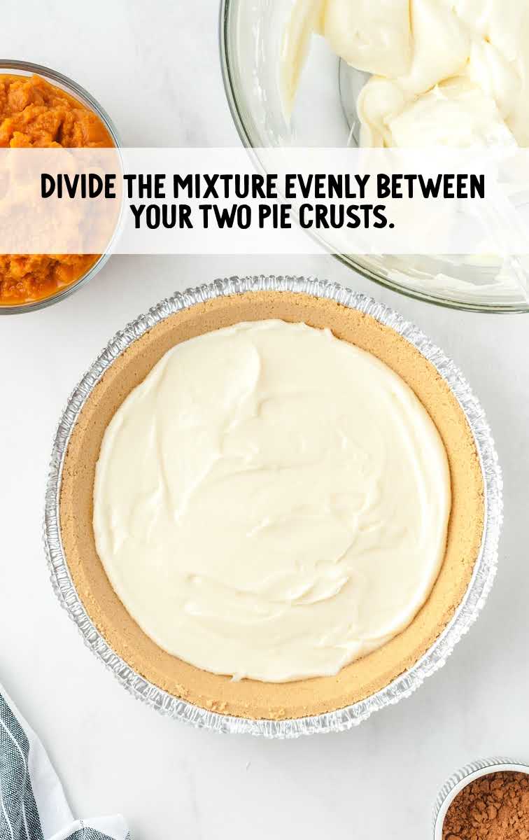 no bake pumpkin pie process shot of filling being added to pie crust
