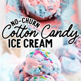 scoop of No-Churn Cotton Candy Ice Cream in a ice cream scooper and No-Churn Cotton Candy Ice Cream in a cup