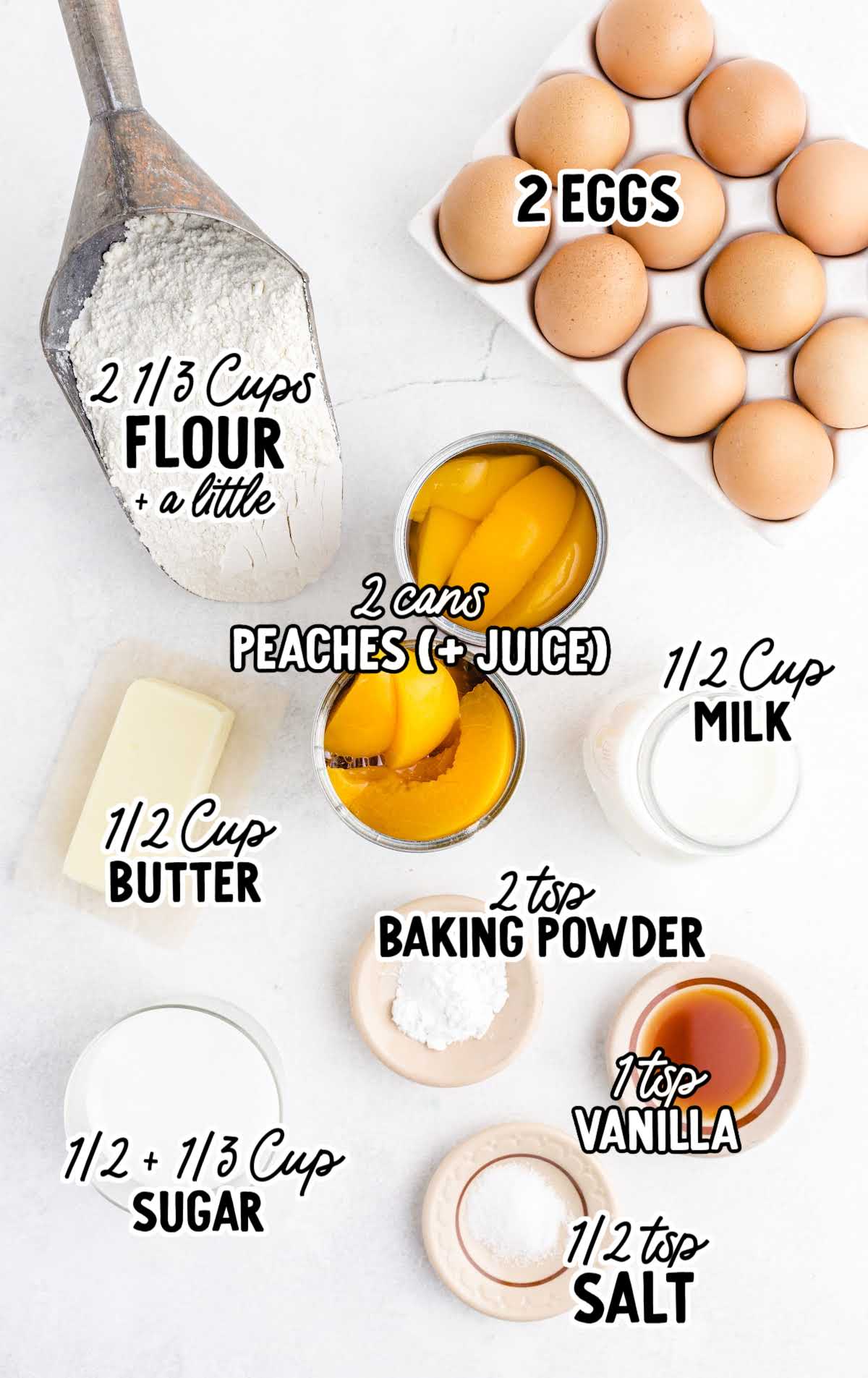Labeled flat lay of peach cobbler muffin ingredients including canned peaches, flour, eggs, milk, butter, sugar, and vanilla.
