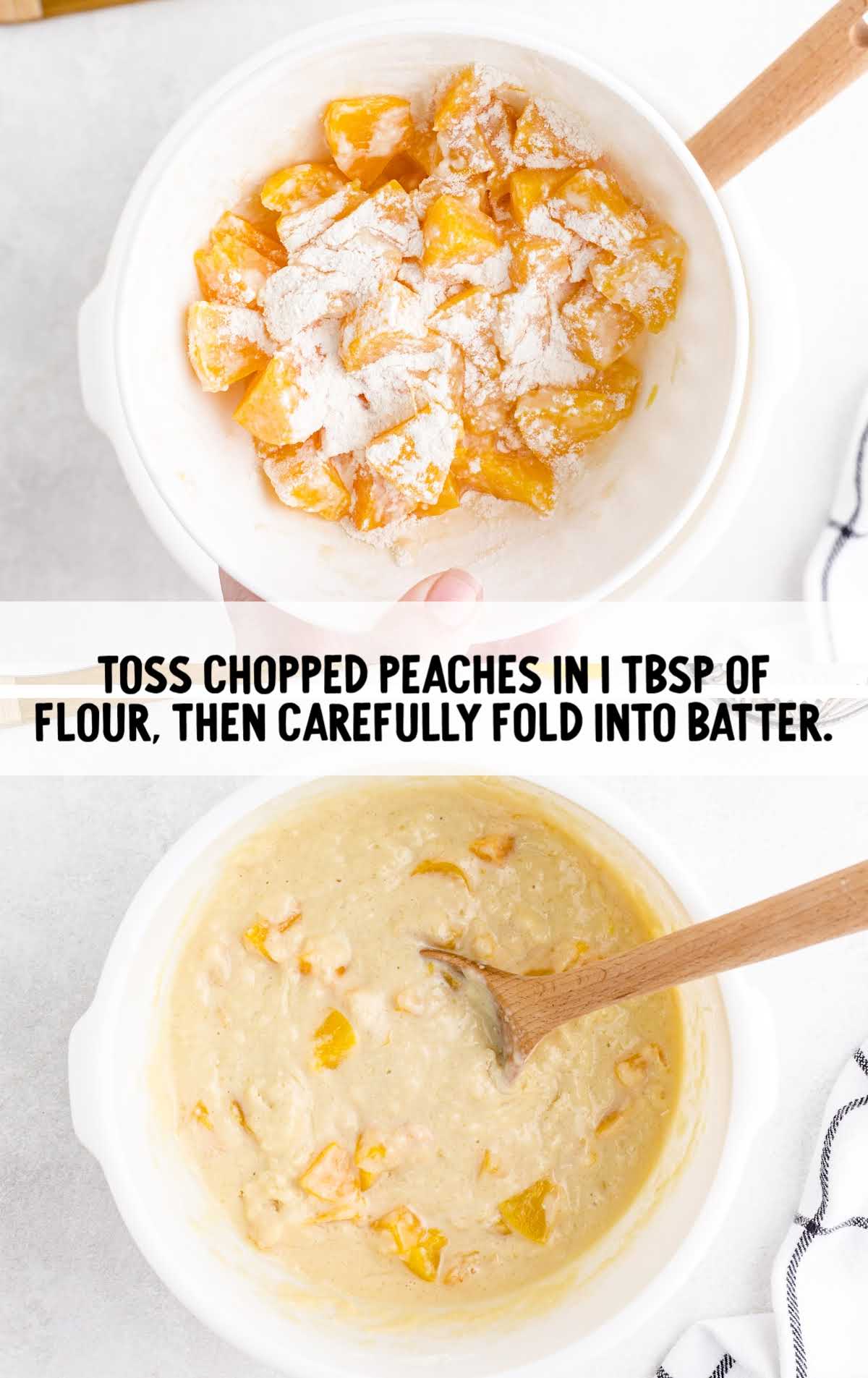 Collage showing chopped peaches tossed in flour then folded into thick muffin batter with a wooden spoon.