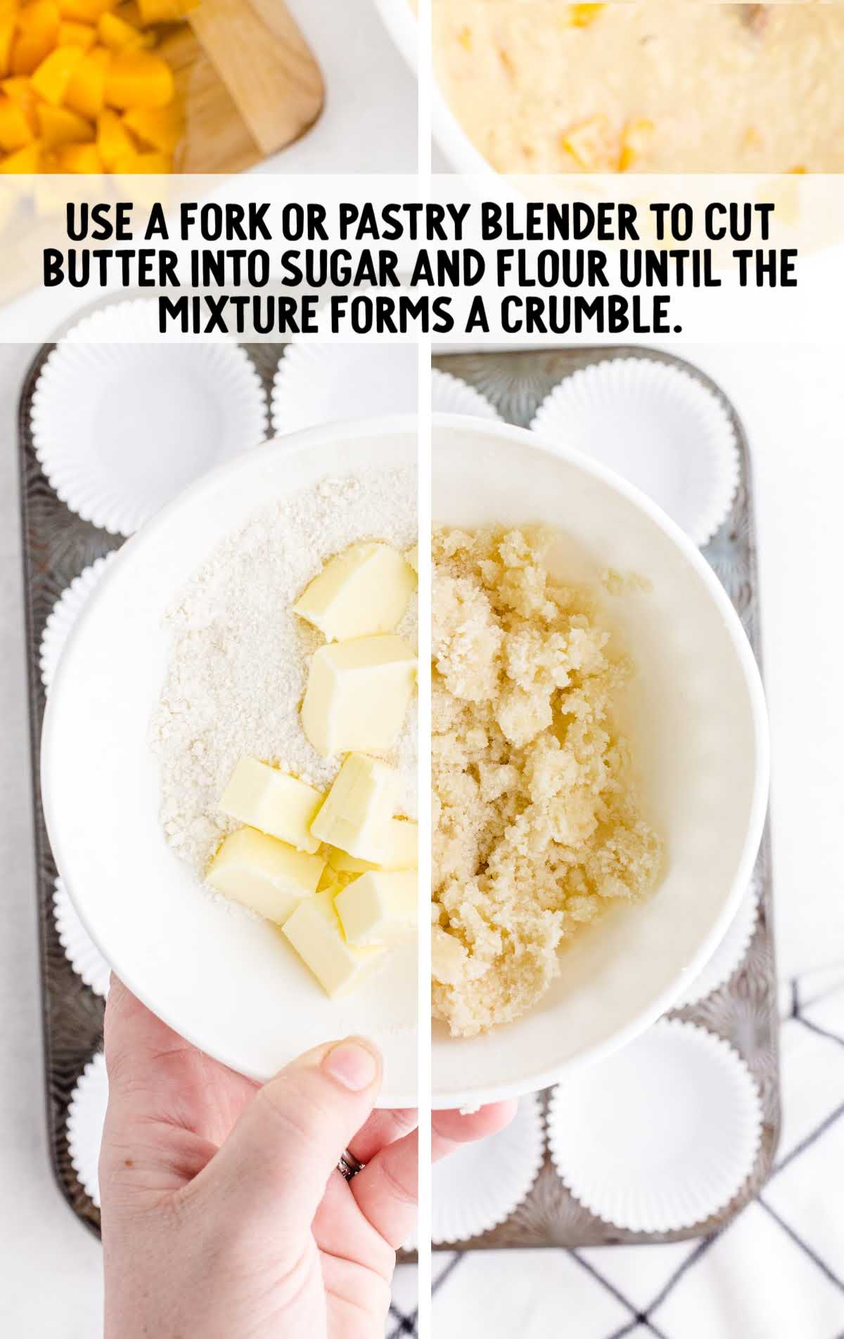 Butter cubes being blended into sugar and flour to create a crumbly streusel topping in a white bowl.