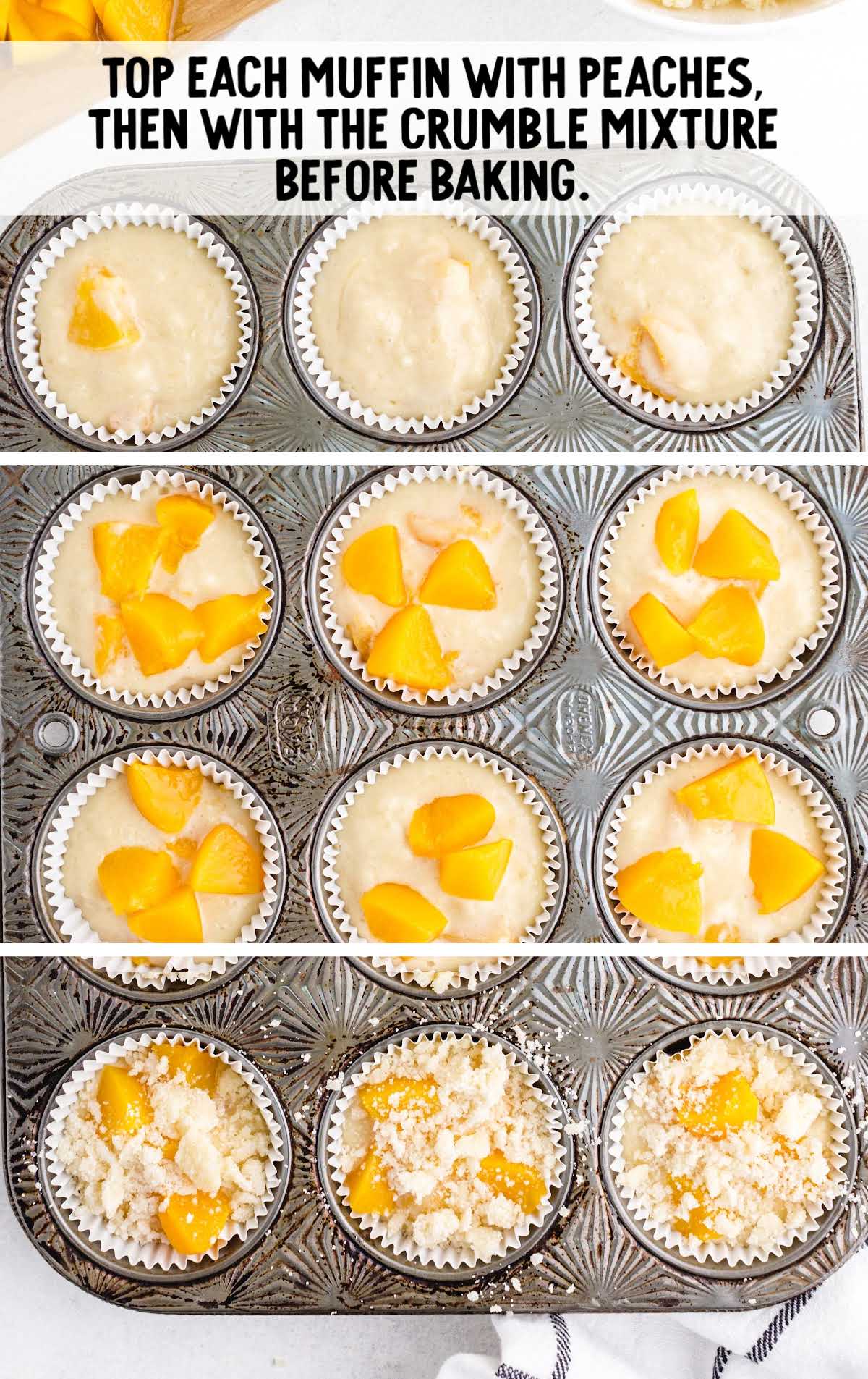 Unbaked peach cobbler muffins in a muffin tin topped with peach chunks and crumbly streusel before going into the oven.