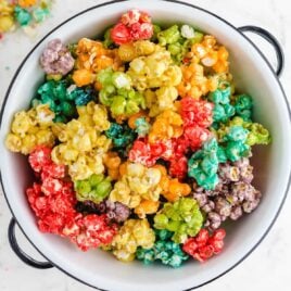 close up shot of a bowl of rainbow popcorn