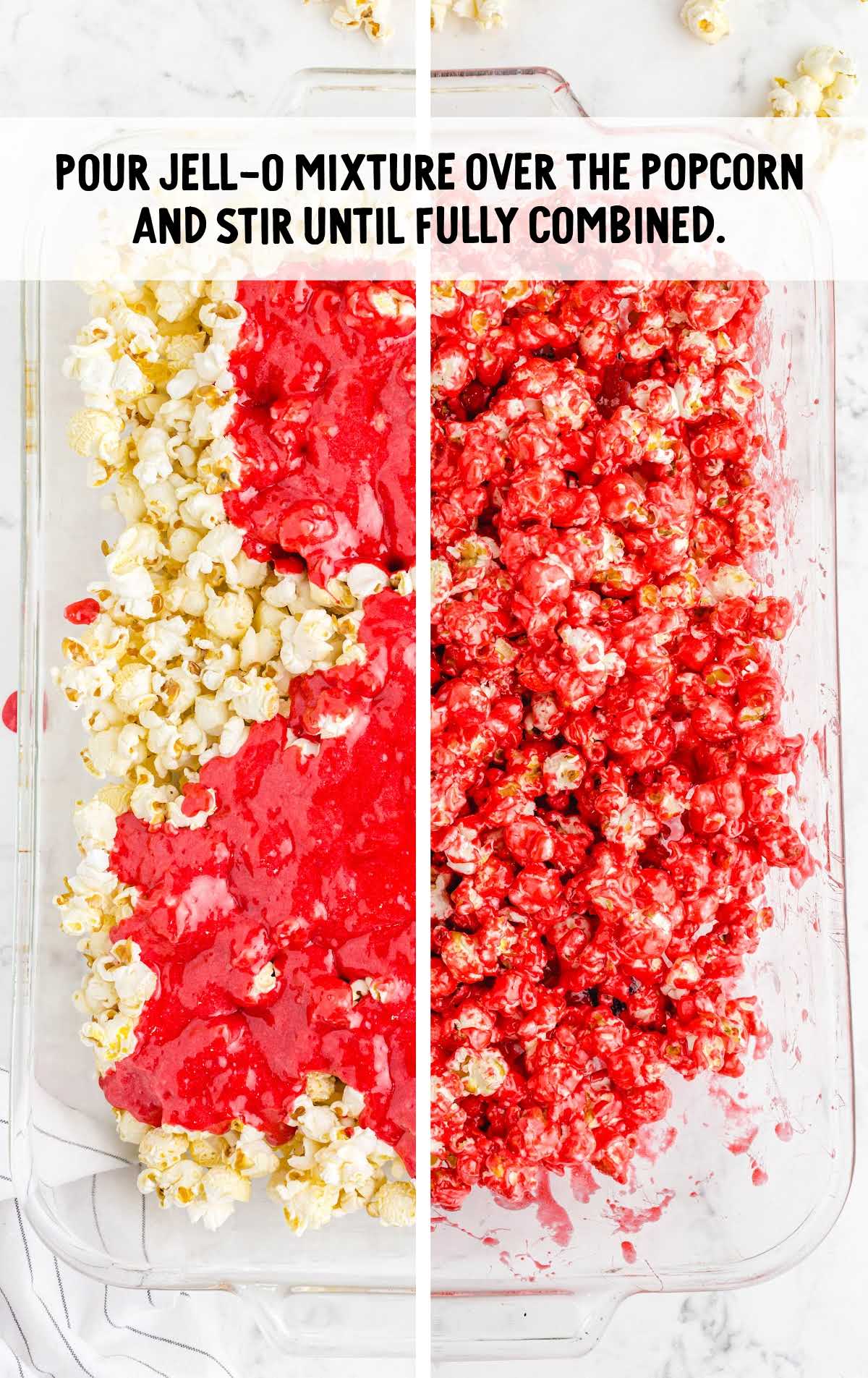 jello mixture being poured over popcorn and combined