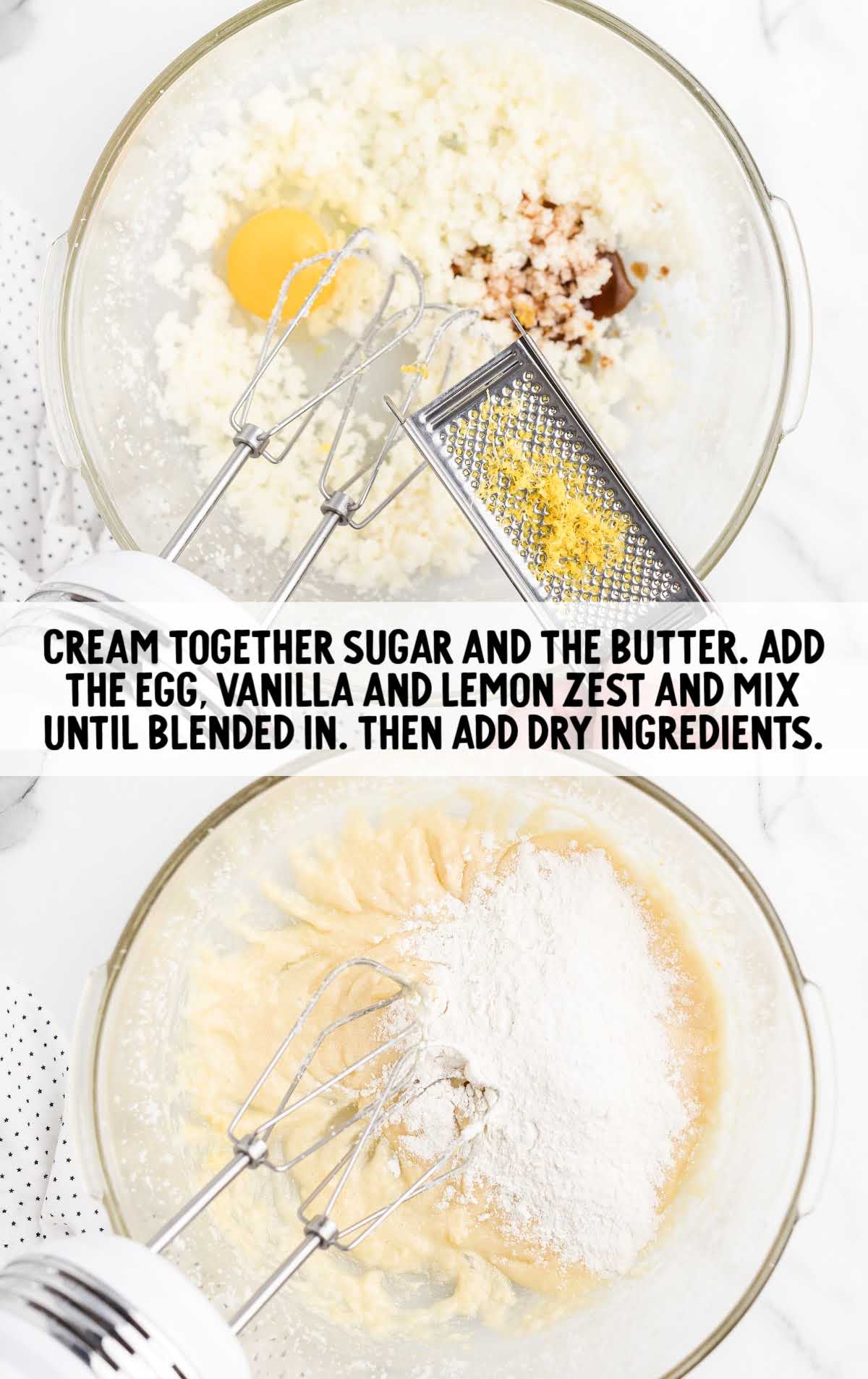 butter, sugar, eggs, vanilla, milk, lemon zest mixed together in a bowl