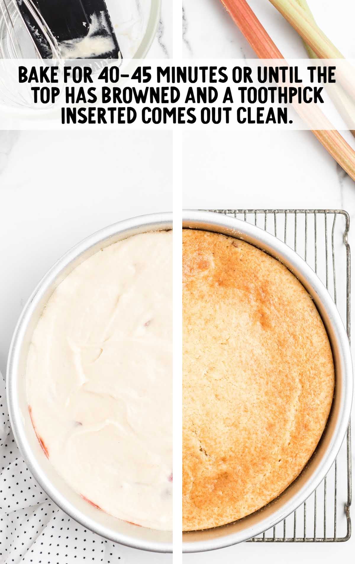 cake batter placed in a cake pan then baked and placed on a cooling rack