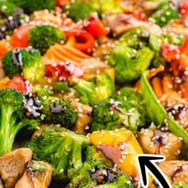Vertical Pinterest image of sheet pan stir fry with text overlay “Quick & Easy!”