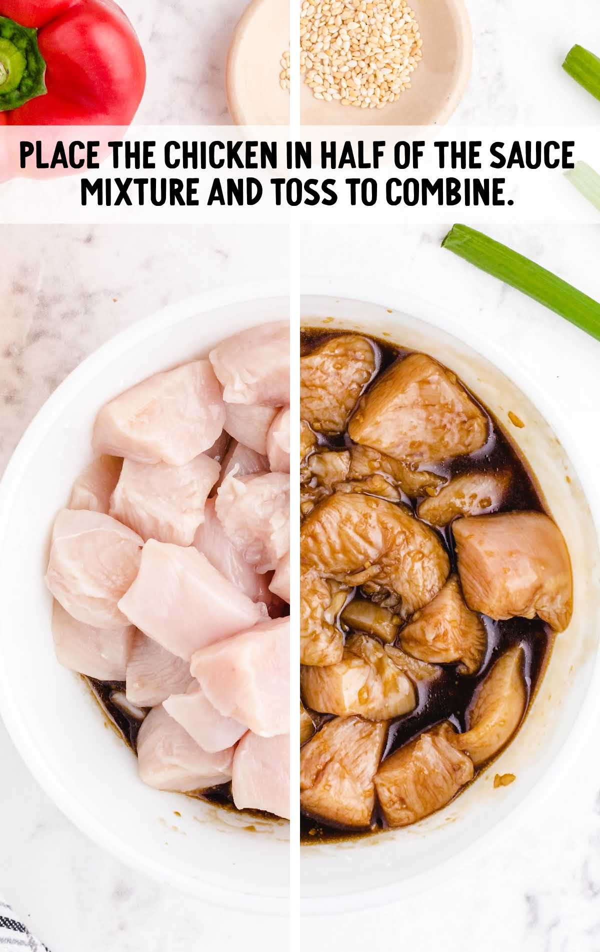 Side-by-side image of raw chicken and chicken marinating in sauce with text overlay describing the step.