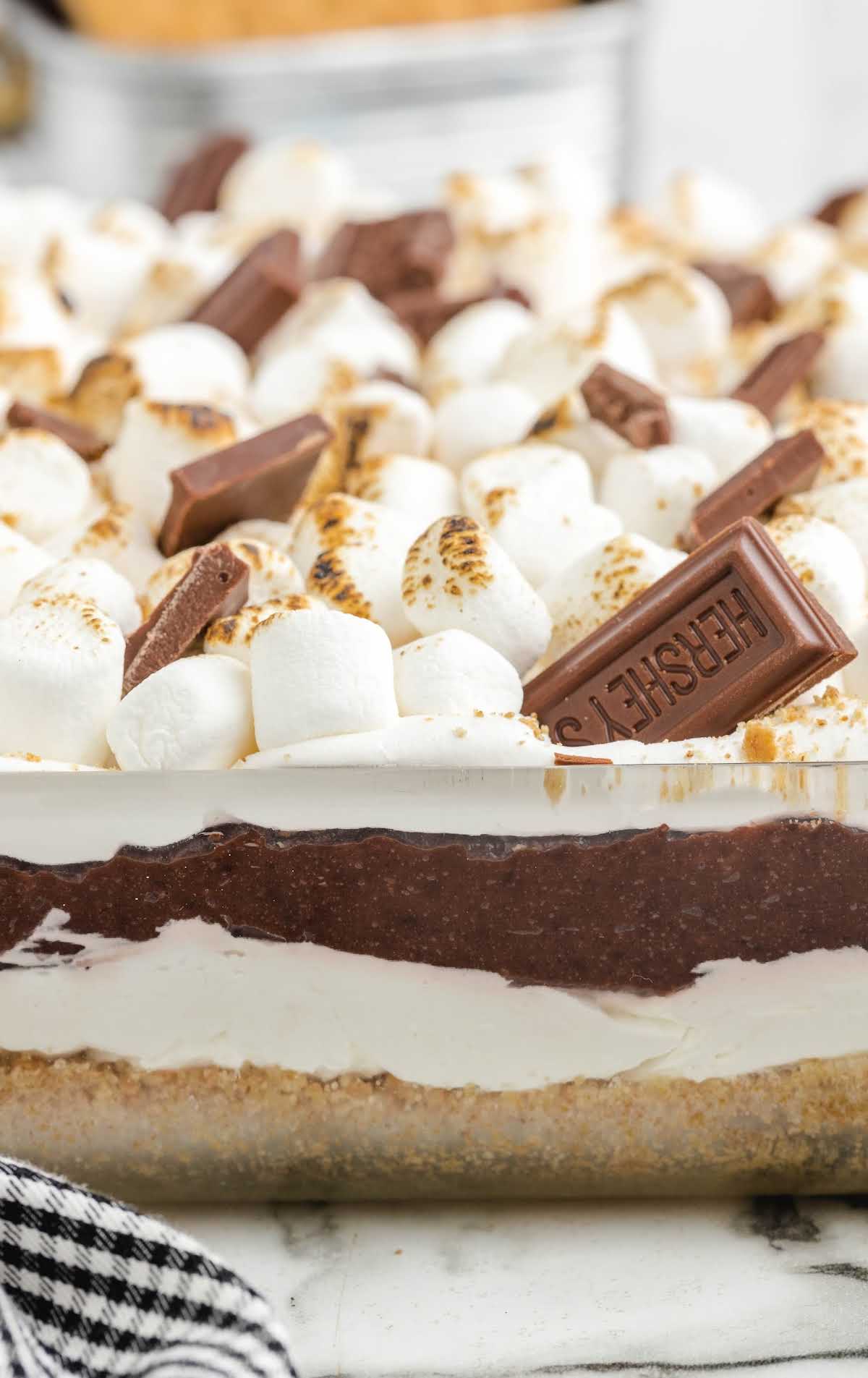 close up shot of a slice of s’mores lasagna with chocolate melting down the side of the slice on a plate