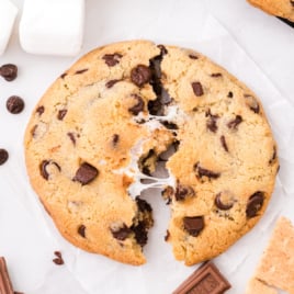 A gooey s'mores cookie split open in the middle.