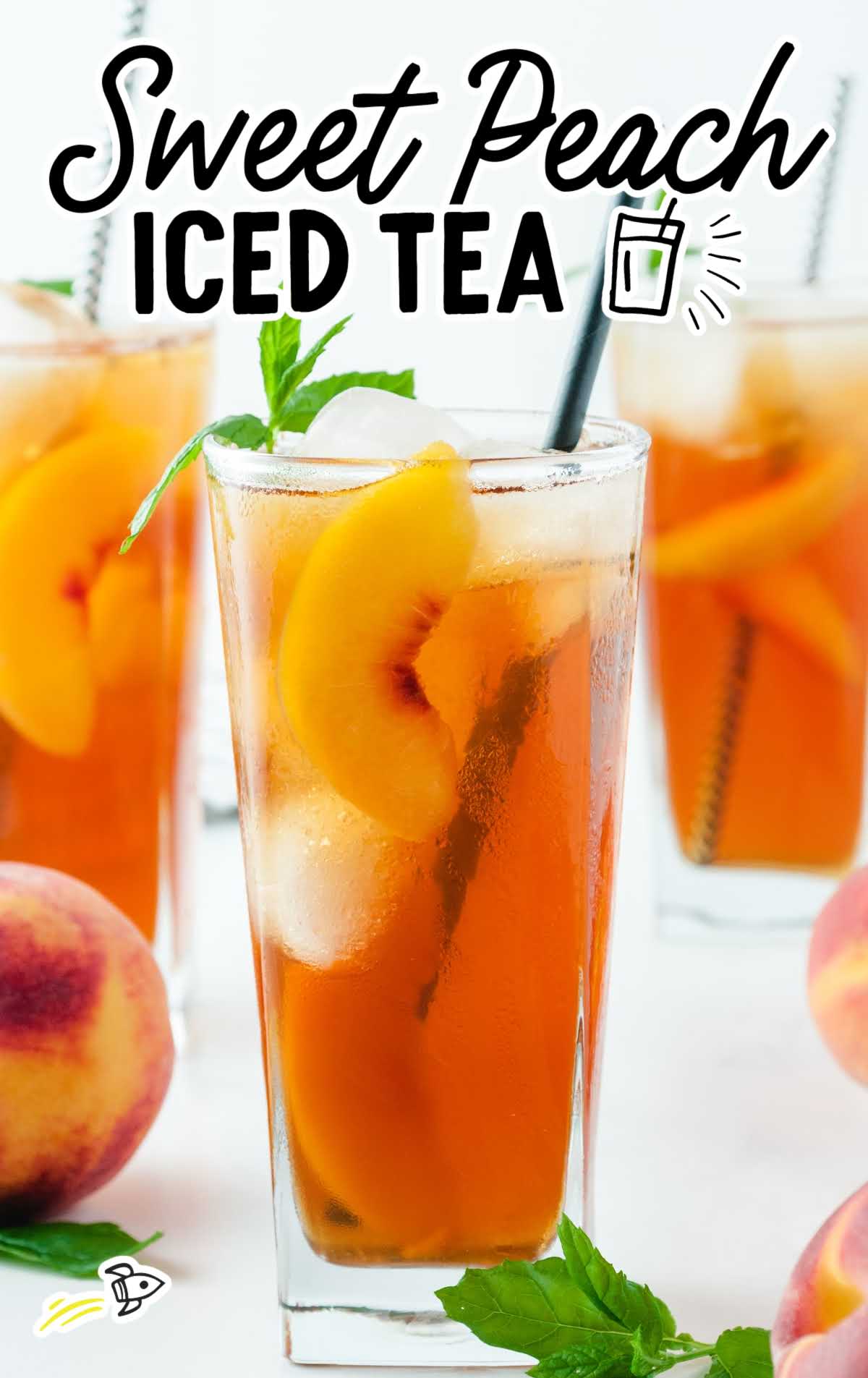 close up shot of Sweet Peach Iced Tea in a glass cup