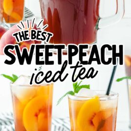 close up shot of a pitcher of Sweet Peach Iced Tea and a close up shot of a tall glass of Sweet Peach Iced Tea with slices of peaches topped with mint