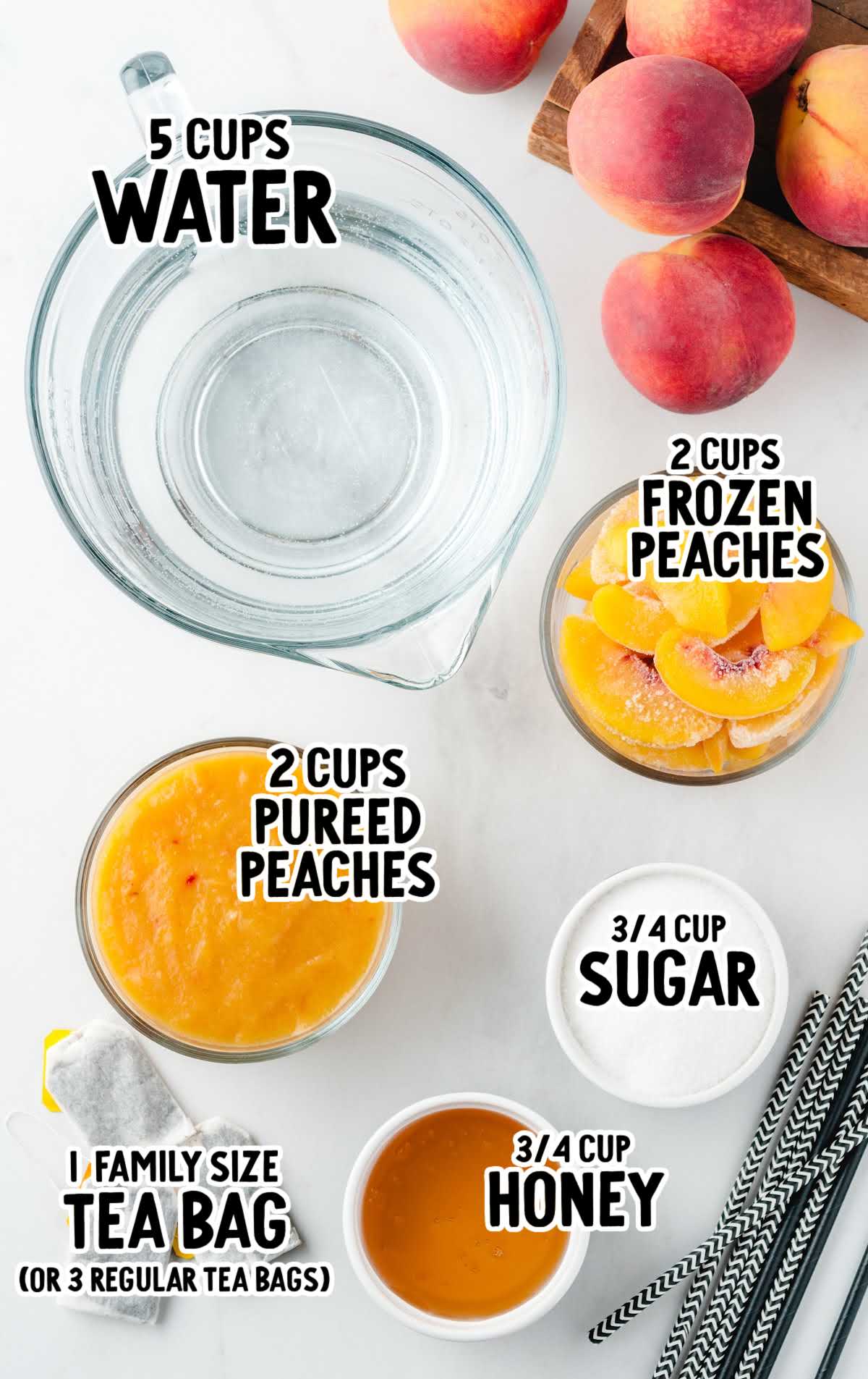 Overhead view of sweet peach iced tea ingredients including water, frozen peaches, pureed peaches, tea bags, sugar, and honey.