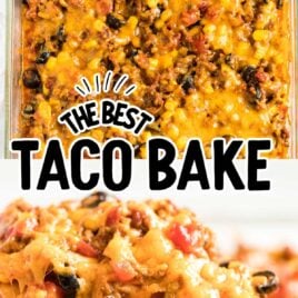 overhead and close up shot of a casserole full of taco bake