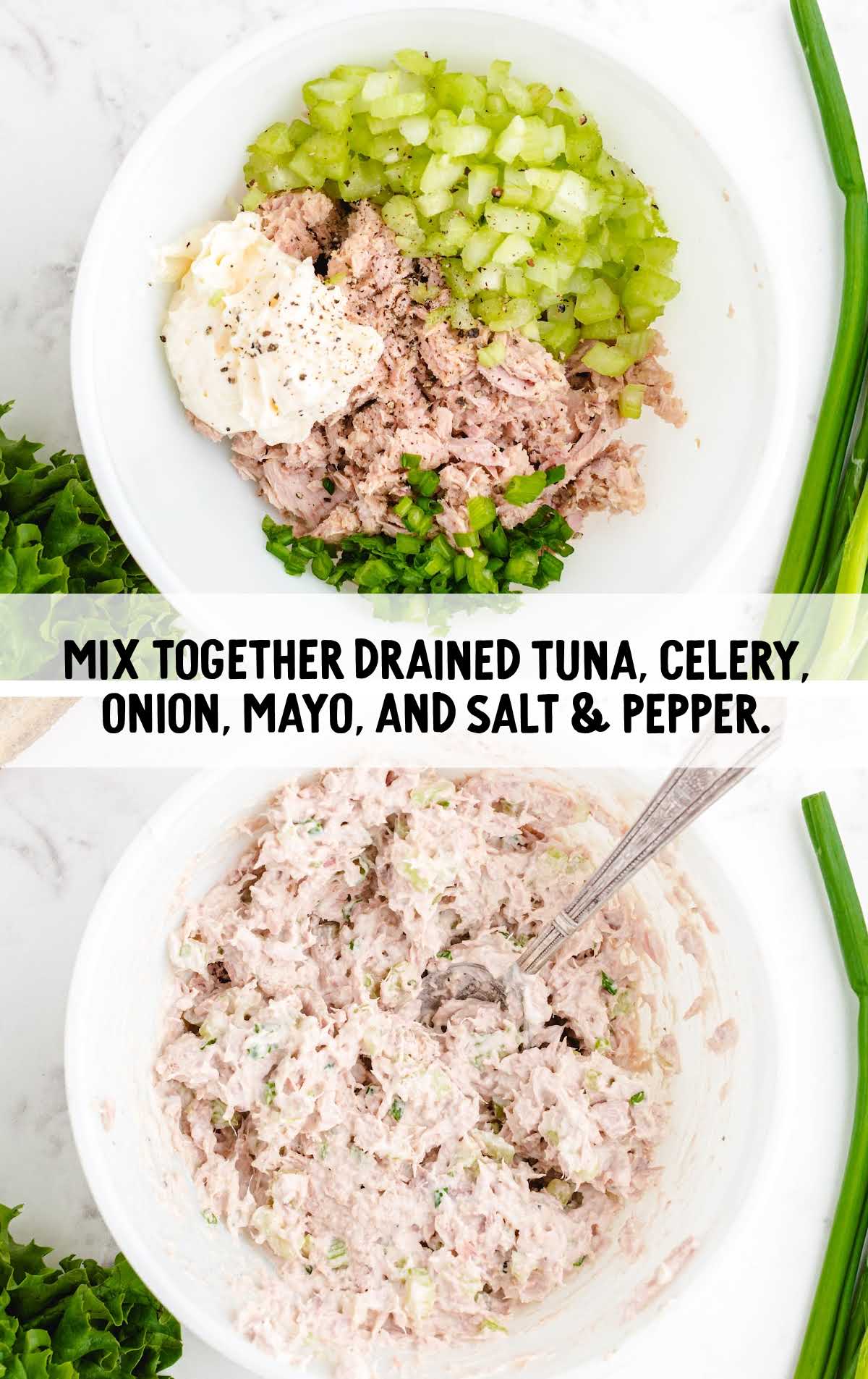 tuna, mayonnaise, green onion, celery, salt, and pepper added to a bowl