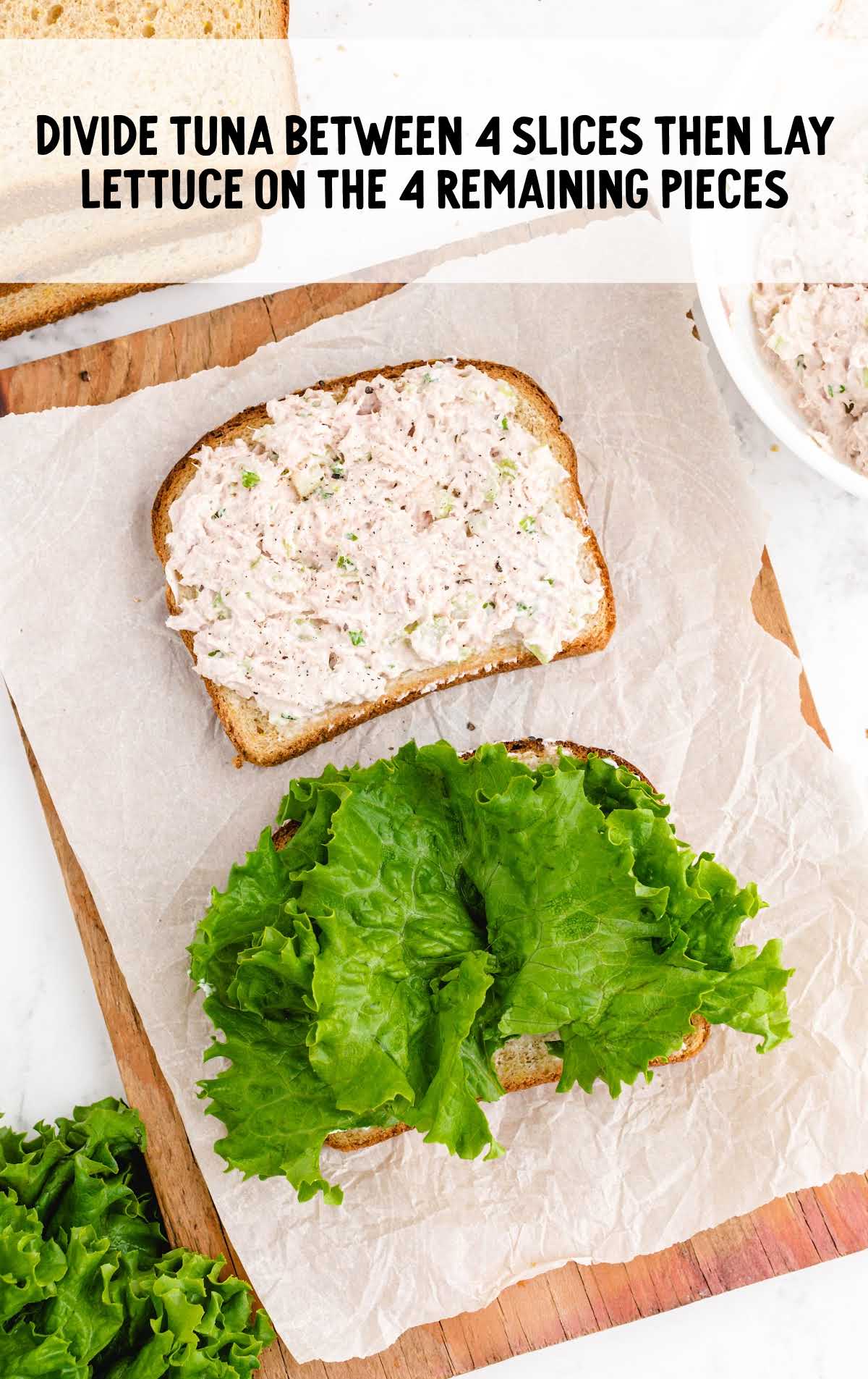 tuna and lettuce layered on the bread