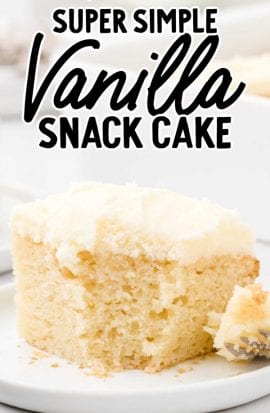 close up shot of a slice of vanilla snack cake recipe on a plate with a fork