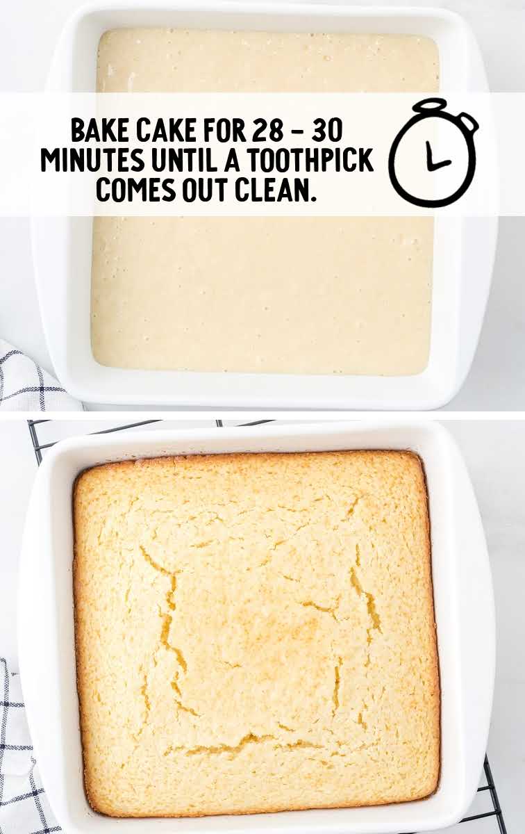 vanilla snack cake recipe process shot of cake before and after being baked in a baking dish