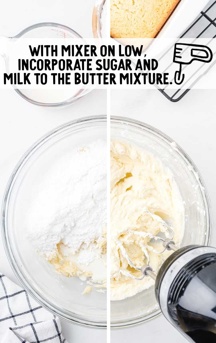 vanilla snack cake recipe process shot of before and after ingredients are blended together in a bowl