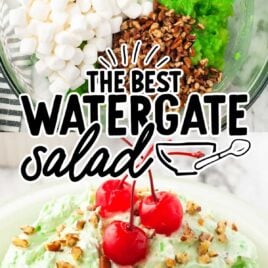 close up shot of Watergate Salad in a bowl and a overhead shot of Watergate Salad ingredients in a bowl