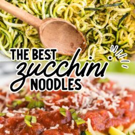 close up shot of Zucchini Noodles in a bowl with a wooden spoon and a close up shot of Zucchini Noodles topped with pasta sauce