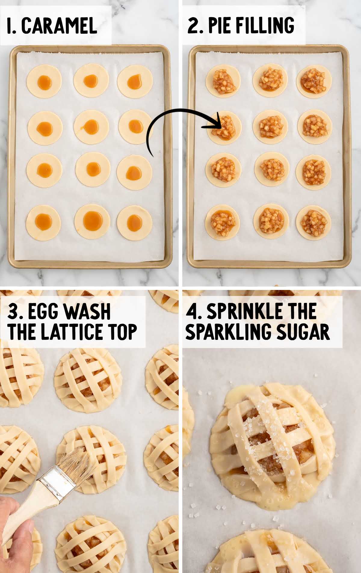 Step-by-step process for making apple pie cookies including adding caramel, filling, lattice top, and sugar sprinkle.