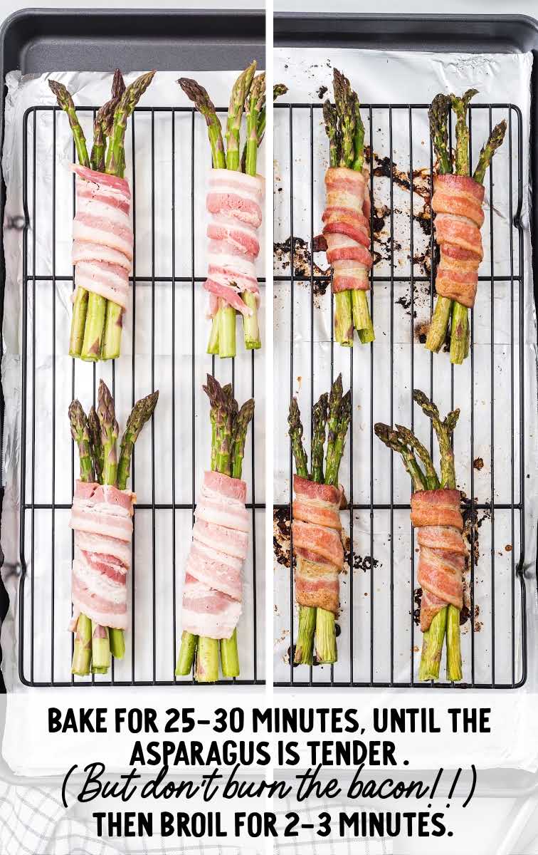 bacon wrapped asparagus process shot before and after asparagus is cooked on a cooking rack