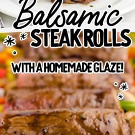 piece of Balsamic Glazed Steak Rolls on a plate and close up up of a Balsamic Glazed Steak Rolls on a plate