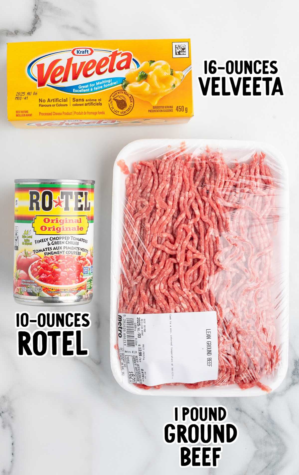 Ingredients for crockpot Rotel dip including Velveeta, Rotel, and ground beef.