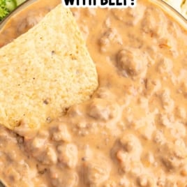 Step-by-step image of ingredients in a slow cooker and finished dip with text overlay.
