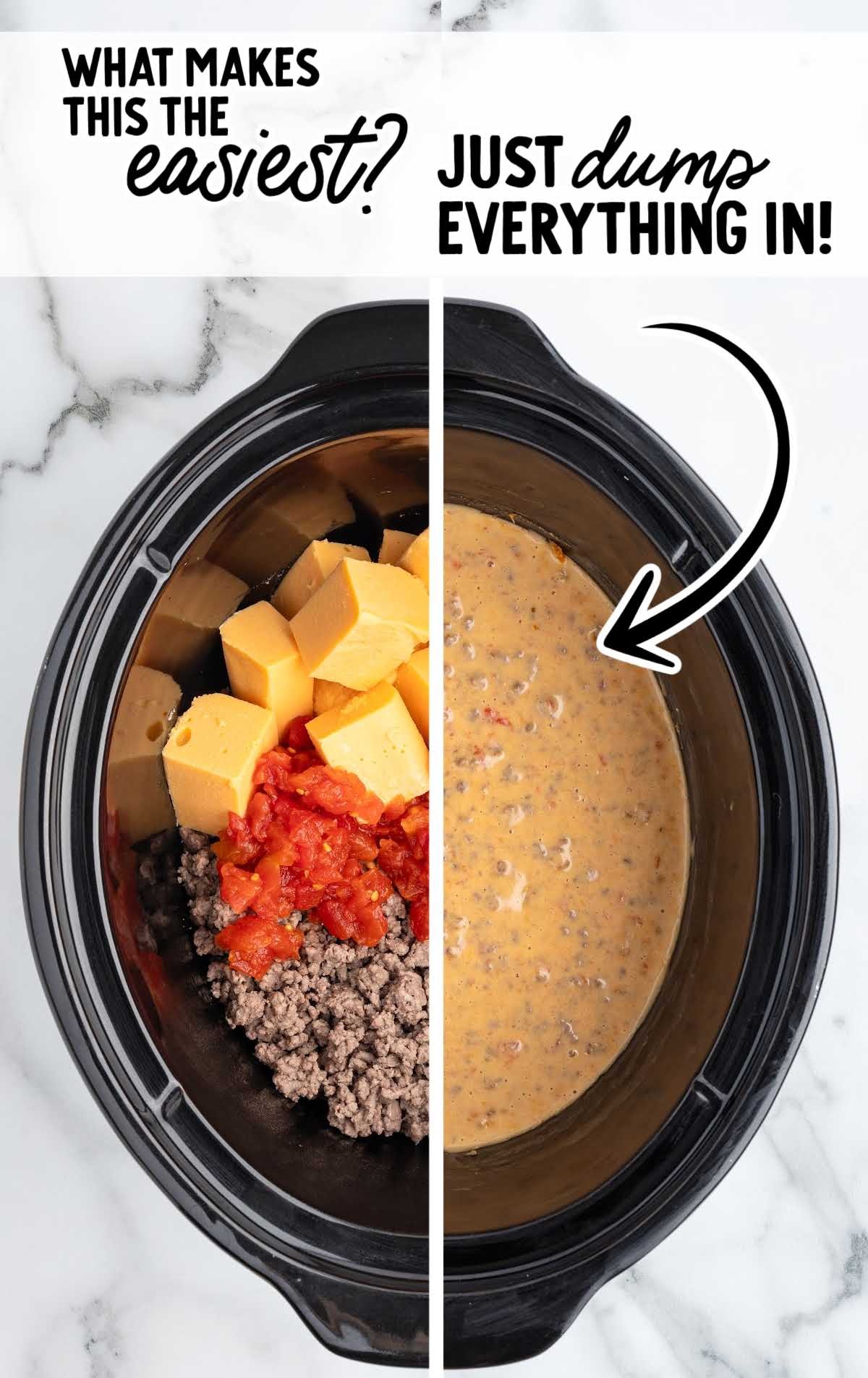 Before and after image of slow cooker with Velveeta, Rotel, and beef turned into creamy dip.