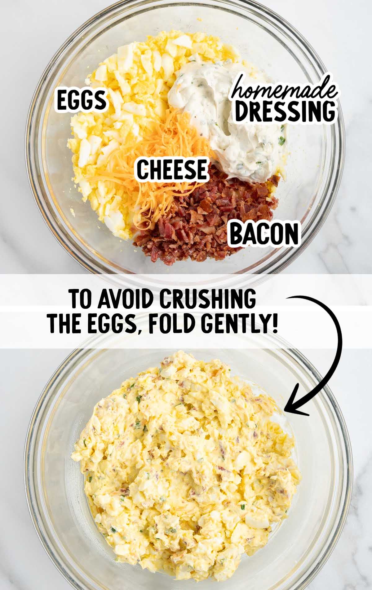 Bowl of egg salad with chopped eggs, bacon, cheese, and homemade dressing being folded together.