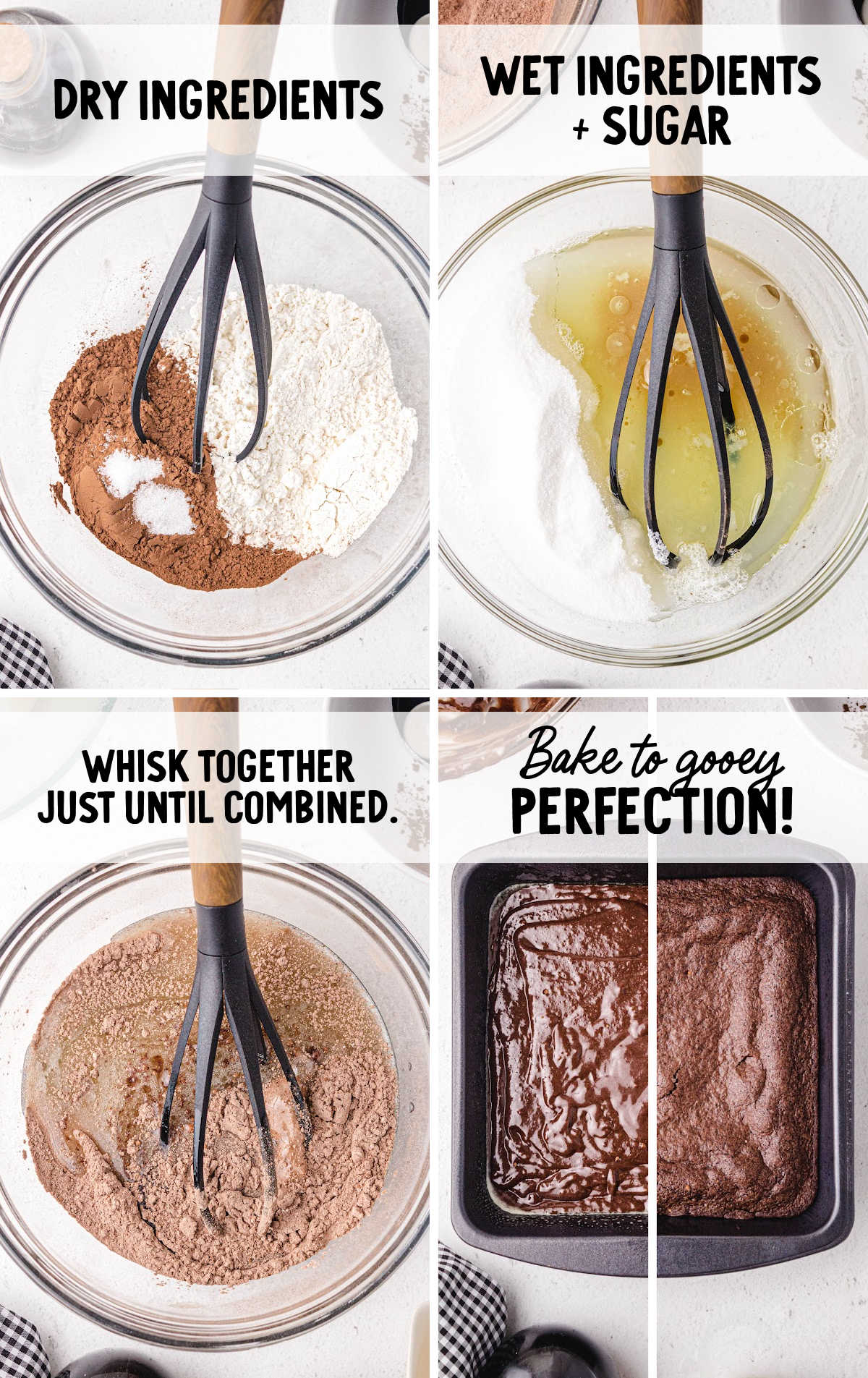 Step-by-step process showing dry ingredients, wet ingredients, mixed brownie batter, and baked brownies in a pan