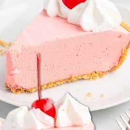 Strawberry jello pie slice with whipped cream and cherry, with text overlay “How to Make Jello Pie with Just 3 Ingredients.”