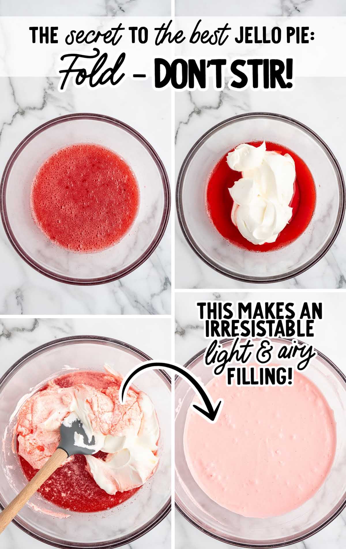 Four-step collage showing how to make jello pie filling by folding whipped topping into dissolved strawberry jello for a light and airy texture.