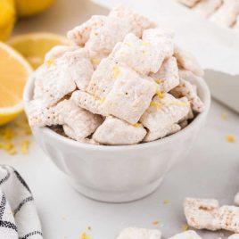 close up shot of lemon puppy chow in a bowl