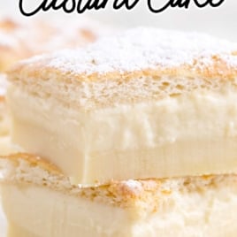 Slice of magic custard cake with soft layers and powdered sugar, with text reading “Absolute Magic 3-Layer Custard Cake — light, creamy & so sweet!”
