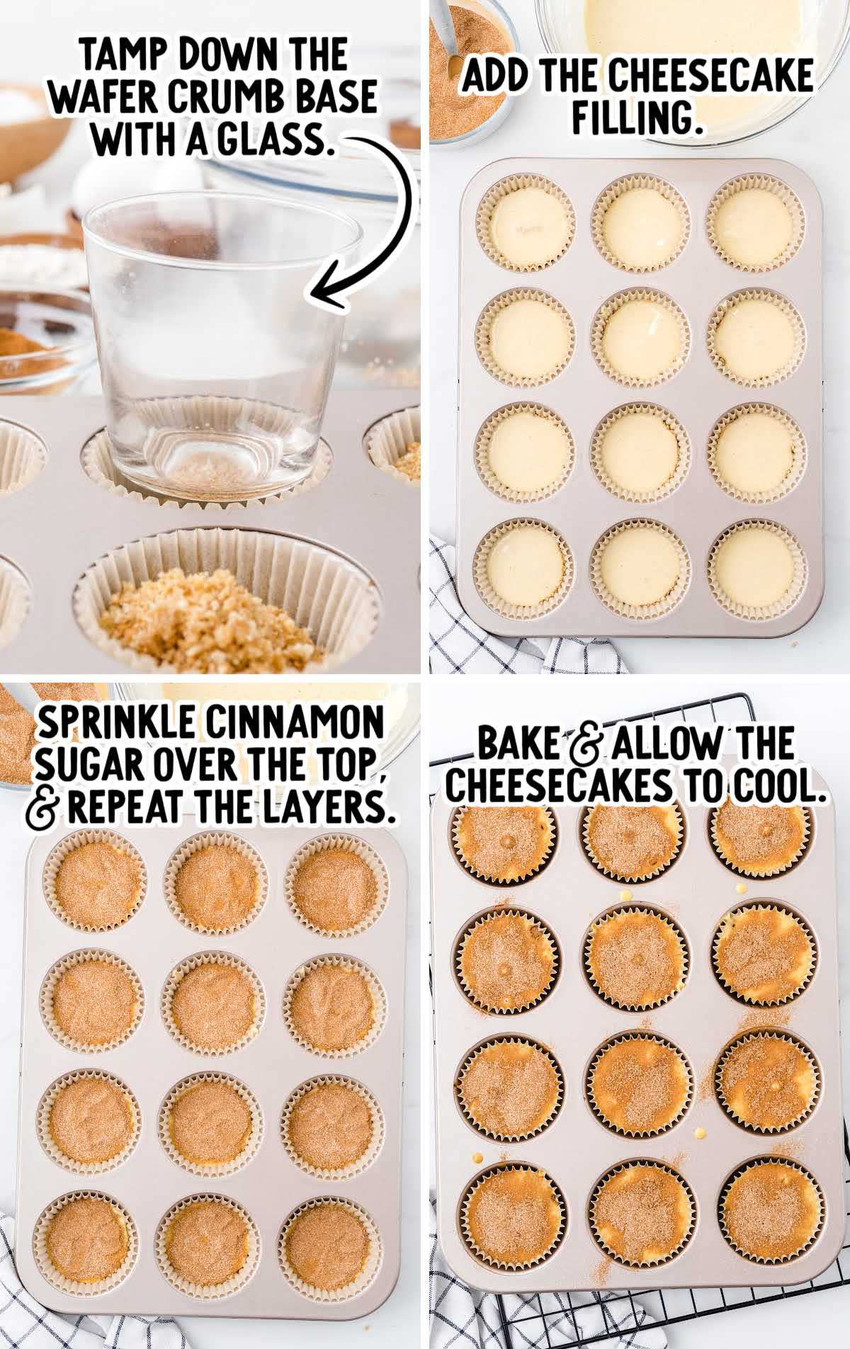 Pressing vanilla wafer crumb crust into lined muffin pan cups for mini cinnamon roll cheesecakes