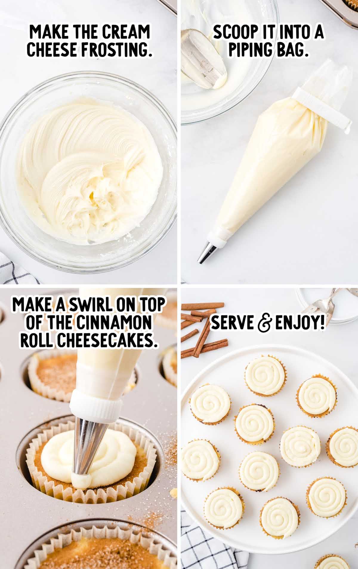 Layering cheesecake filling and cinnamon sugar mixture in muffin pan before baking