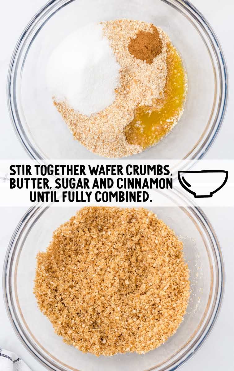 wafer crumbs, butter, sugar, and cinnamon mixed together in a bowl
