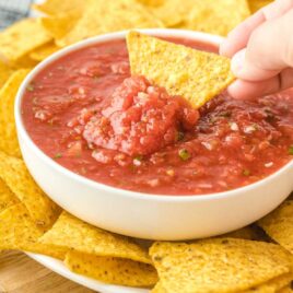 close up shot of a bowl of salsa with a tortilla chip being dipped into it and surrounding it