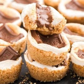 close up shot of s'mores bites topped with s'mores and a piece of Hershey's