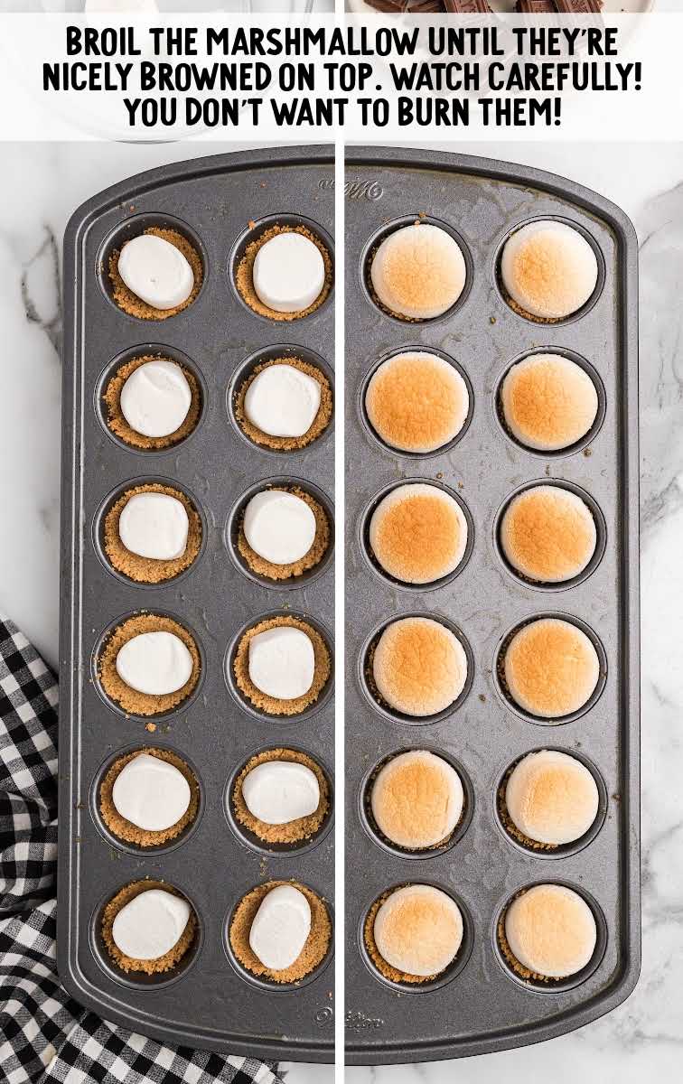 marshmallows being browned on top of crust mixture in cupcake pan