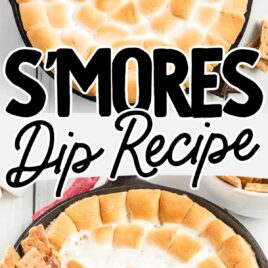 overhead shot of s'mores dip and close up shot of s'mores dip with crackers dipped into it